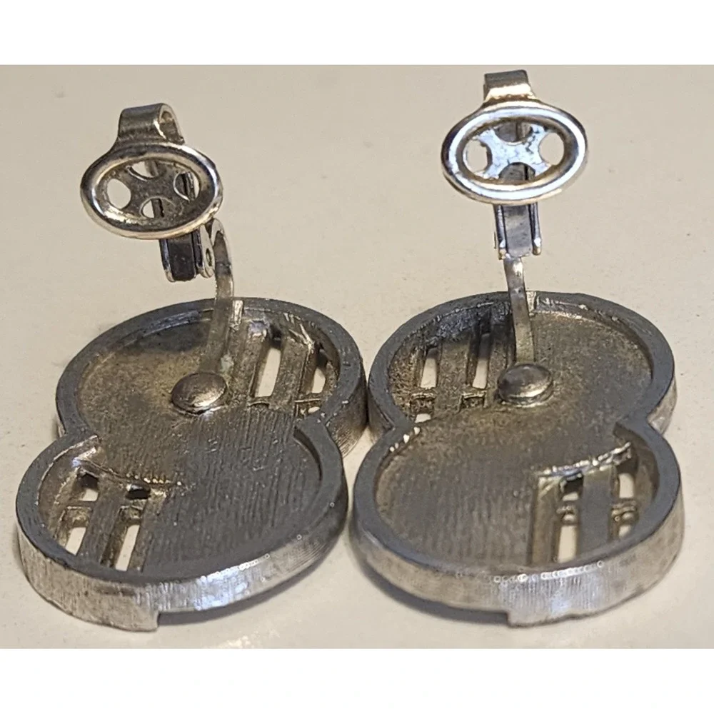 Vintage Crown Trifari Silver Tone Geometric MCM Clip On Earrings Textured Slats